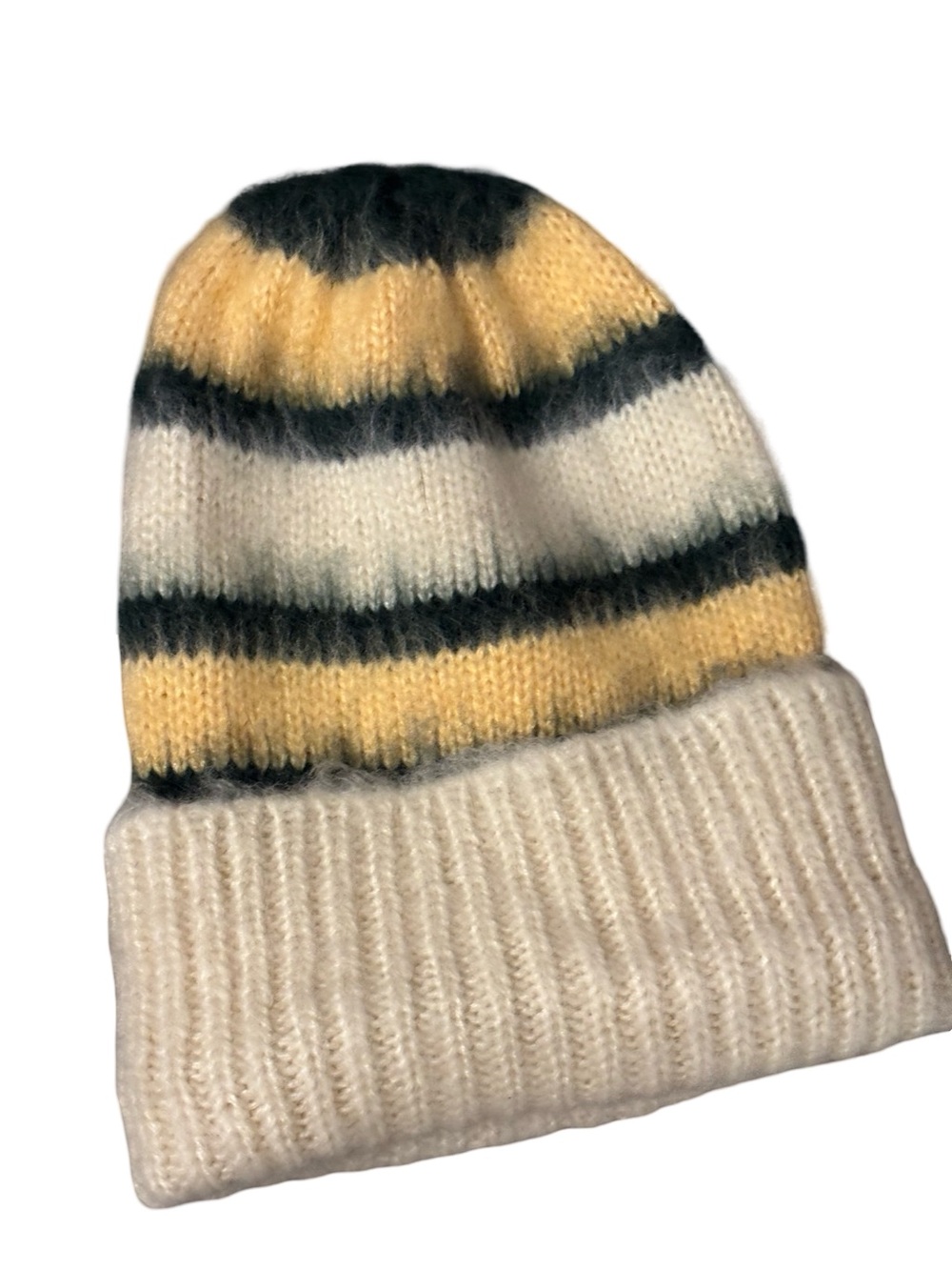 FP Free People Striped Knit Cozy Warm Fuzzy Beanie Yellow, Cream, Green One Size